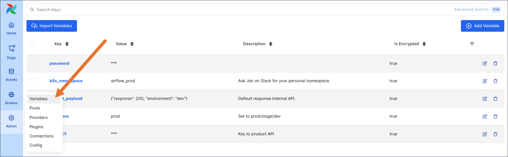 Variables in the Airflow UI